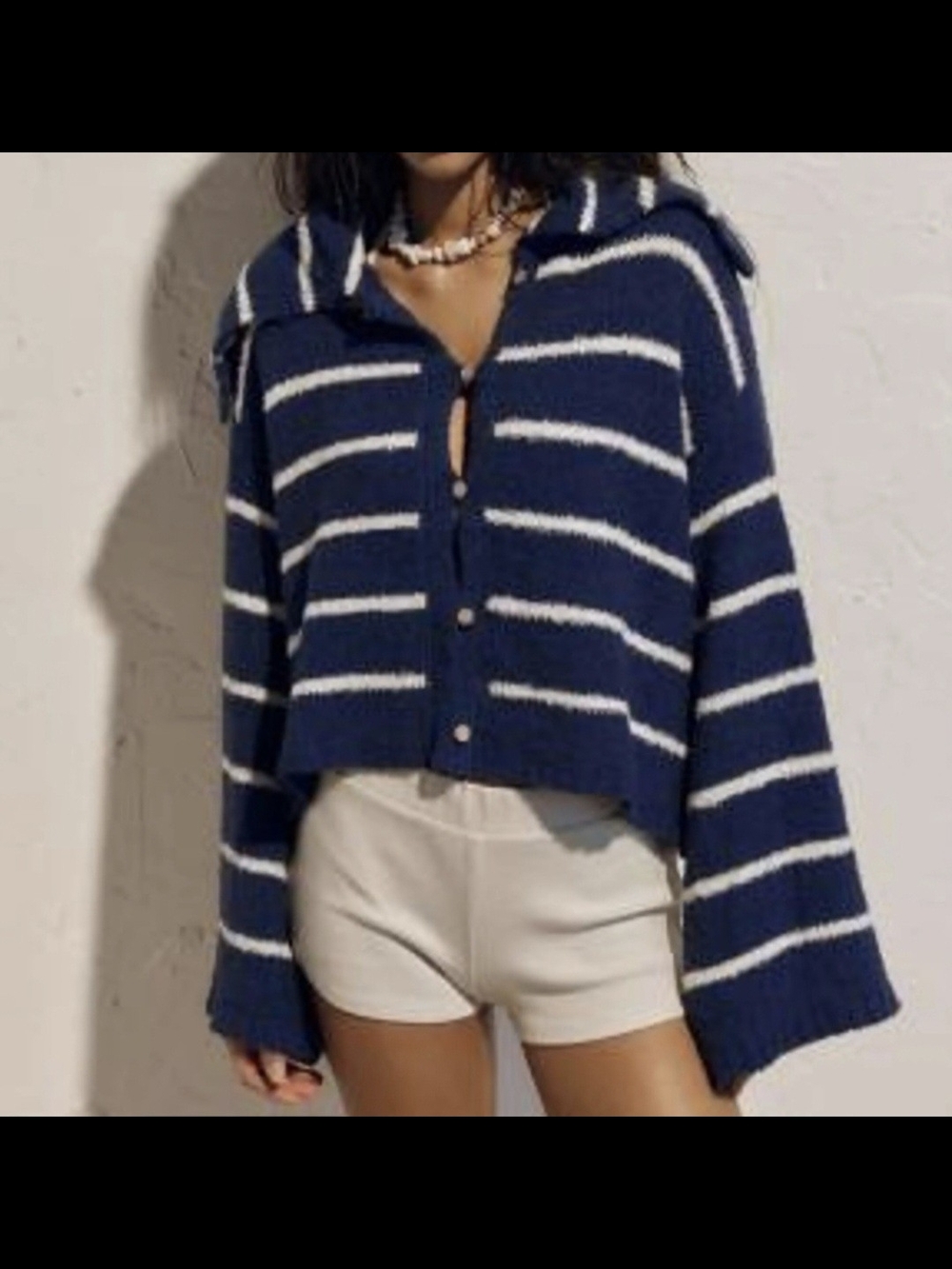 Free People Striped Navy Cropped Button-Up Sweater - Very Soft
